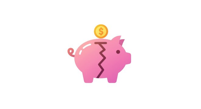 Broken piggy bank with coin, financial crisis concept illustration.