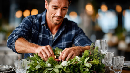 Evening Christmas feast with fir wreath and rustic table setting for festive gathering