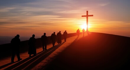 Pilgrimage to the Cross at Sunset, Silhouette, People, Walking