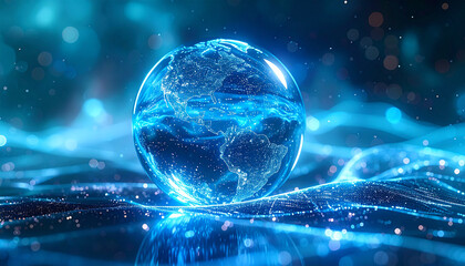 Globe and Digital World: A luminous digital depiction of the Earth, encapsulated within a transparent sphere, levitates above a mesmerizing sea of interconnected digital streams.