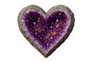 Heart shaped amethyst geode gem stone, representing love and healing, with sparkling purple crystal structure