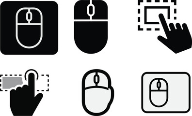 Mouse and touch interaction icon set with click, tap, press, pointer, and gesture symbols for user interface, technology, and digital design concepts