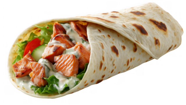 Salmon shawarma wrap with lettuce and veggies, created AI, PNG