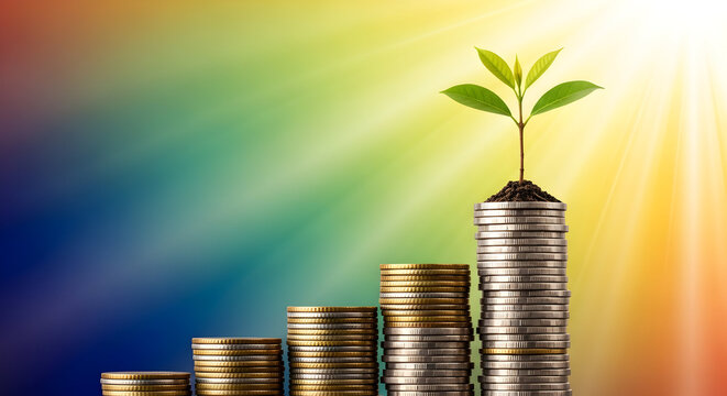 A small tree growing atop stacks of coins signifies financial growth investment and savings in a conceptual colorful background 41507595 1