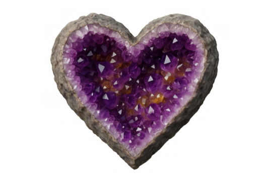 Heart shaped amethyst geode gem stone, representing love and healing, with sparkling purple crystal structure