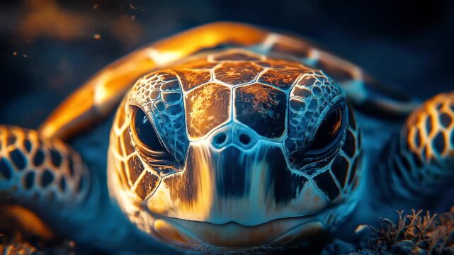 Close-up of a sea turtle's face, showing intricate shell patterns