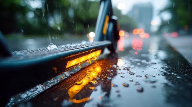 Close-up view of electric scooter with raindrops on matte surface, urban transportation in rainy weather