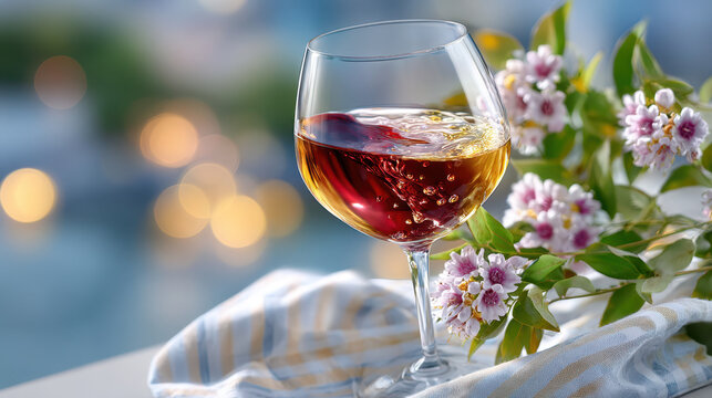 Close-up view of wine glass filled to the top surrounded by blooming flowers for elegant dining and celebration