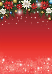 クリスマス背景、雪の結晶、赤、ポインセチア、モミの木、かわいい、イラスト、縦