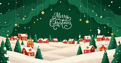Merry Christmas Village Scene with Snow Covered Houses and Pine Trees | Festive Holiday Illustration for Greeting Cards, Posters, and Seasonal Marketing Campaigns