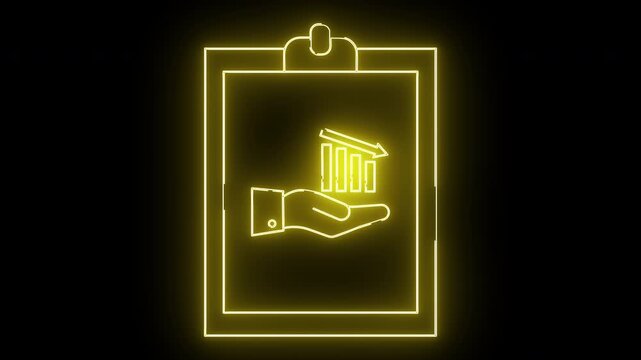 A neon yellow clipboard with a hand holding a bar graph with a downward trend