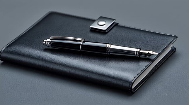 A sleek, professional composition featuring a black leather bound notebook with a silver and black fountain pen resting on it. The background is a grey surface