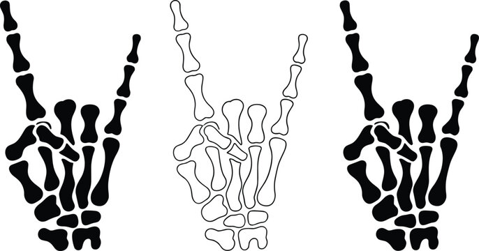 Skeletal hands rock gesture illustration, devil horns symbol, heavy metal icon, punk style, bone anatomy, edgy vector design for music and culture