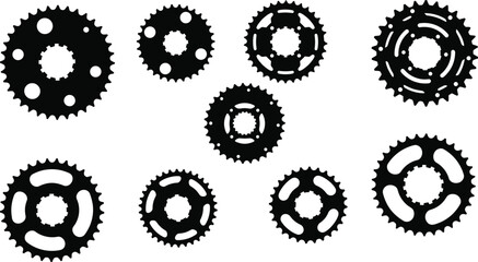 Bicycle chainring and sprocket silhouette set with varied gear designs, black vector illustration on white background for cycling, mechanical, and design themes