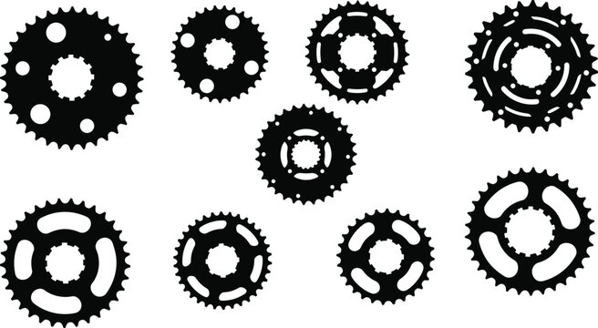 Bicycle chainring and sprocket silhouette set with varied gear designs, black vector illustration on white background for cycling, mechanical, and design themes