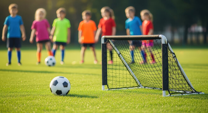 Blurred group of kids playing soccer on a green grass field with a goal and ball under bright sun