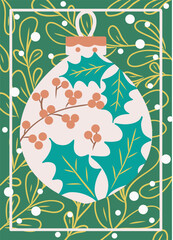 Festive Holly Ornament on Green Foliage Background