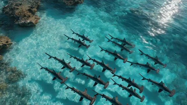 Aerial view of hammerhead sharks swimming in a turquoise ocean, near coral formations