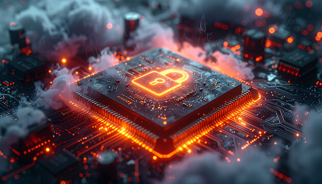 Digital Fortress: A glowing lock symbol emblazoned upon a computer chip, symbolizing cyber security in a sea of technological complexity.