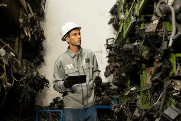 Technician worker working and checking in garage scrap yard car workshop warehouse.
