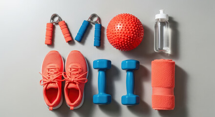 Colorful fitness equipment collection with running shoes, dumbbells, hand grippers, massage ball on a grey surface