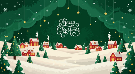 Merry Christmas Text with Snowy Village Scene | Winter Holiday Illustration for Greeting Cards and Seasonal Marketing