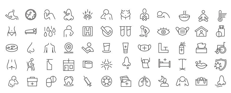 Flu and illnesses line icon set. COVID, cough, fever, lung CT scan, headache, pneumonia, ncov-2019, lungs, kidney, brain, bones line icon set. 