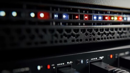A close-up of a computer server in a data center shows neatly organized cables and illuminated status lights. This setup reflects a busy environment essential for network operations. - Powered by Adobe