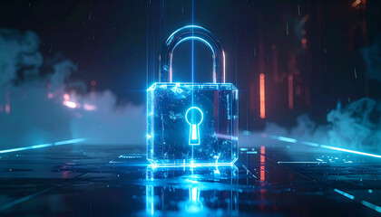 Cyber Fortress: A glowing lock symbolizes the robust digital security, with an ethereal aura, safeguarding vital data within a futuristic digital landscape.