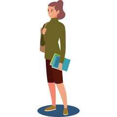 Young woman with brown hair tied back wearing olive green turtleneck and maroon shorts holding blue and green books with a brown shoulder bag on a white background