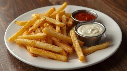 Crispy French Fries with Ketchup and Mayonnaise Dipping Sauces