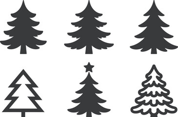 Christmas tree silhouette icons set. pine tree variations, star topper, winter holiday decoration vector illustration
