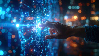 Digital Touch: A hand interacts with an abstract glowing digital interface, representing the cutting-edge of technology and the power of human-computer interaction.