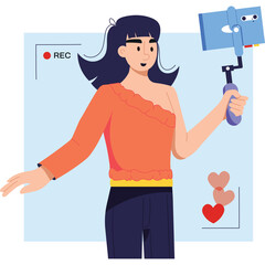 Young Woman With Dark Hair Wearing A Peach Off-Shoulder Top And Dark Pants Holding A Camera On A Gimbal With A Red Record Light And Hearts Floating Behind Her On A Light Blue Background