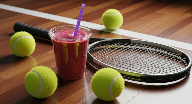 Red fruit smoothie with a purple straw, tennis racket, and tennis balls on a wooden sports court - Powered by Adobe