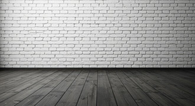 Empty room with white brick wall and dark wooden floor, Interior, White wall, Texture