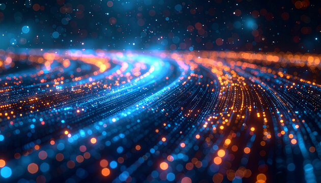 Abstract Data Stream: A mesmerizing visual of interconnected data streams, cascading in waves of luminous blue and amber, evoking the pulse of digital connectivity and technological innovation.