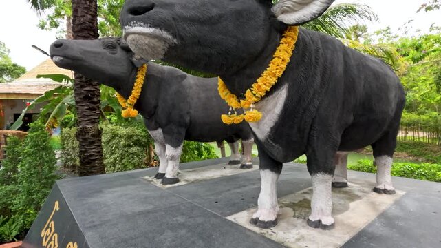 Buffalo Statues with Garlands on Rural Phuket Pedestal