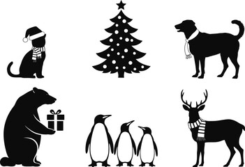 Naklejka premium Christmas animal silhouette icons set. cat, dog, bear, penguins, reindeer, holiday tree vector illustration
