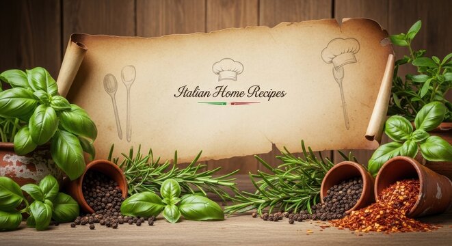 Italian Home Recipe Scroll with Fresh Herbs and Spices, Italian food, Cookbook, Parchment