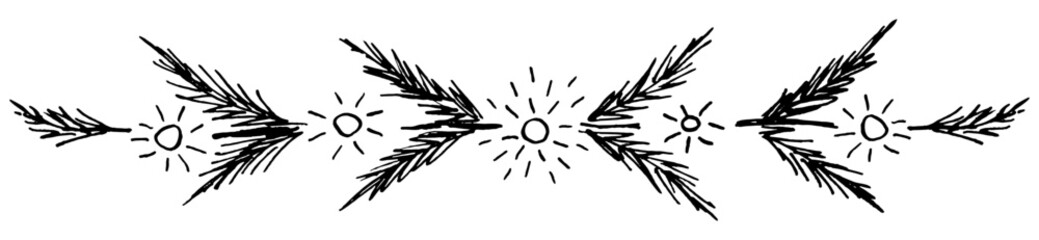 Decorative Christmas, New Year's garlands. Coniferous and pine branches, lanterns, lights. Banner, divider. Hand-drawn vector illustration with a black outline.