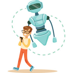 Young Man With Glasses Walking While Holding Smartphone Interacting With Floating Robot Companion...