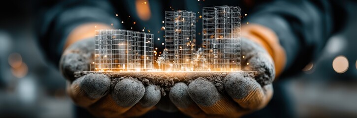 Engineer inspects a building structure projected through 3D holographic technology, ensuring precision and safety in every detail