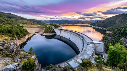 Breathtaking sunset over modern dam structure scenic lake landscape photography tranquil environment aerial view nature concept