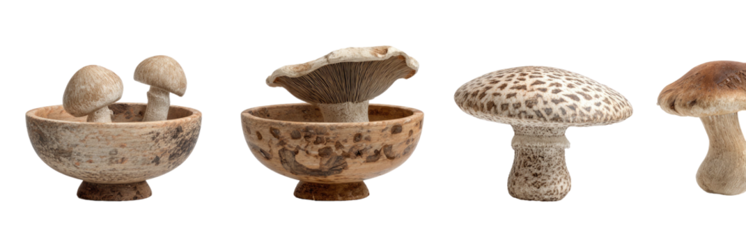 Mushrooms. Arrangement of fungi in bowls and standalone