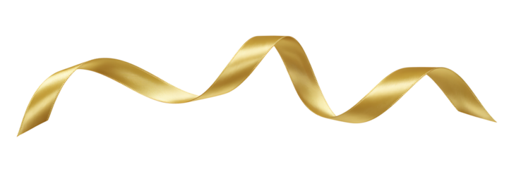 Shiny gold satin ribbon twirl isolated on transparent background beautiful decorative streamer for holiday gifts and celebrations