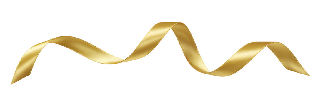Shiny gold satin ribbon twirl isolated on transparent background beautiful decorative streamer for holiday gifts and celebrations