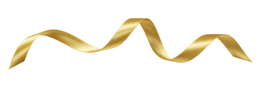 Shiny gold satin ribbon twirl isolated on transparent background beautiful decorative streamer for holiday gifts and celebrations