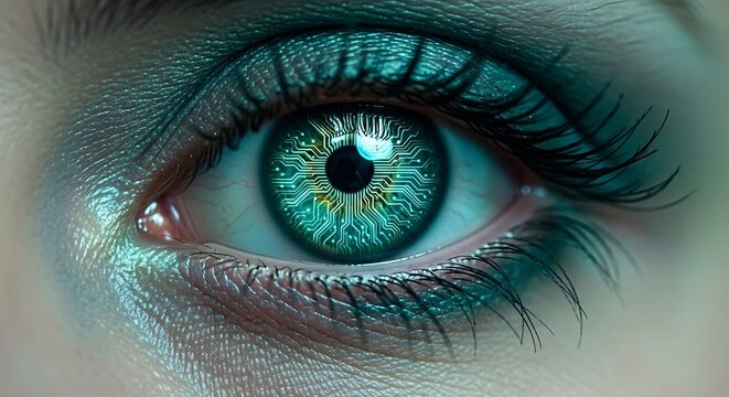 Close up of human eye with glowing circuit board pattern iris
