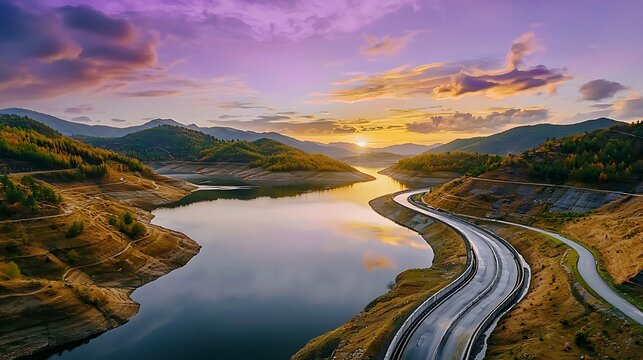 Scenic sunset drive along serene lake mountainous terrain aerial view tranquil nature landscape